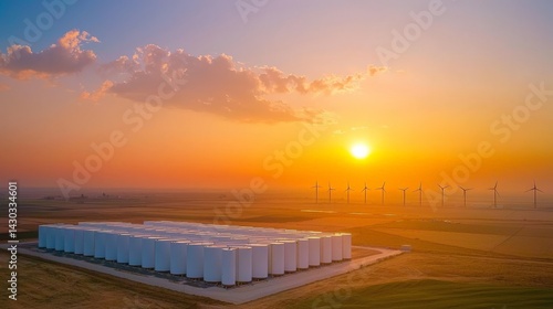 Peak Energy Solutions with Advanced Battery Storage Technology, A panoramic view of a renewable energy facility at sunset, featuring wind turbines and storage tanks.