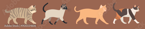 Colorful illustrated walking cats, isolated vector set