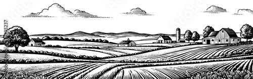 Pastoral Farm Scene in Woodblock Print Style with Rolling Hills and Buildings in Vintage Monochrome