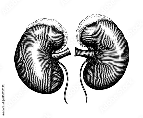 Human Kidney Engraving Vintage Black and White Medical Anatomy Illustration