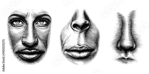 Stippled Human Facial Features with Pensive Expression Representing Artistic Emotion on White Background Vintage