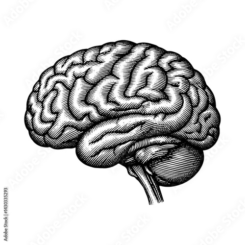 Anatomical Brain Engraving Vintage Black and White Medical Illustration