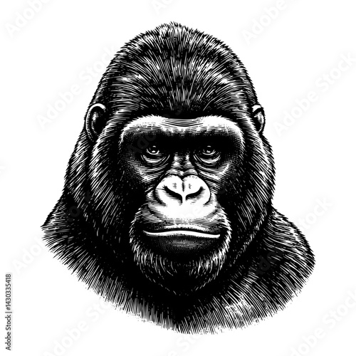 Gorilla Portrait Serious Expression Close-Up Woodcut Illustration Against White Background
