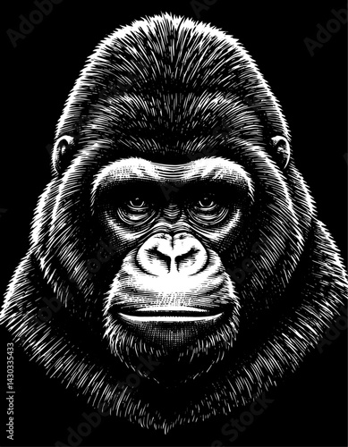 Gorilla Portrait Serious Expression Black and White Woodblock Printing Close-Up Against Black Background