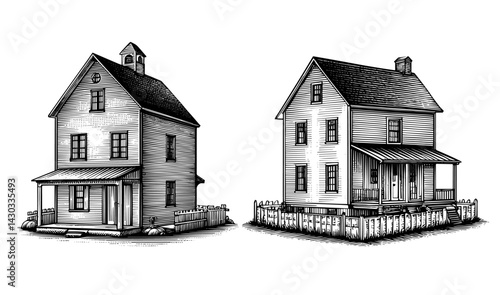 Twin Houses Illustration in Classic Black and White Woodcut Style Depicting Rural Domestic Life