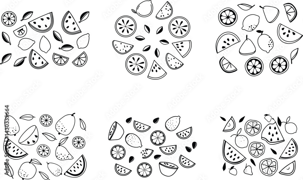 Fototapeta premium Six fruit composition designs with watermelon,lemon,and pear in black and white