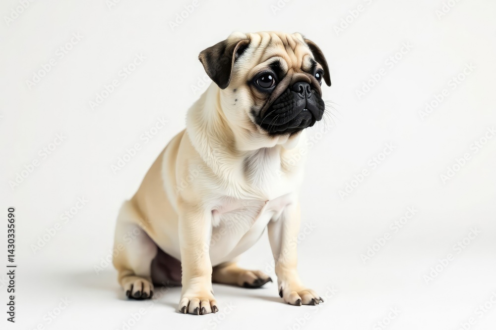 Obraz premium Solo pug, attentively posing on pure white backdrop, pet photo, pet