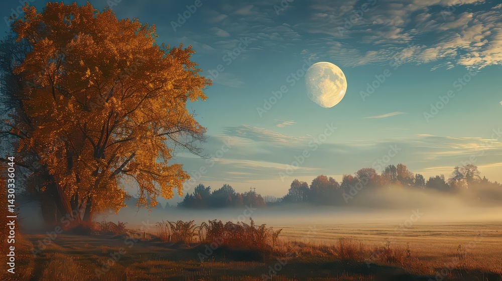 A scenic view of a field with a tree and a full moon under a cloudy blue and orange sky A scenic view of a field with a tree and a full moon under a cloudy blue and orange sky