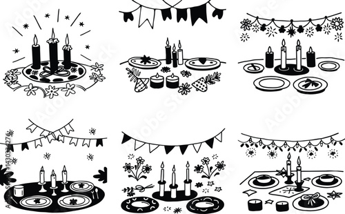Hand drawn festive dinner table vector seamless pattern in black and white