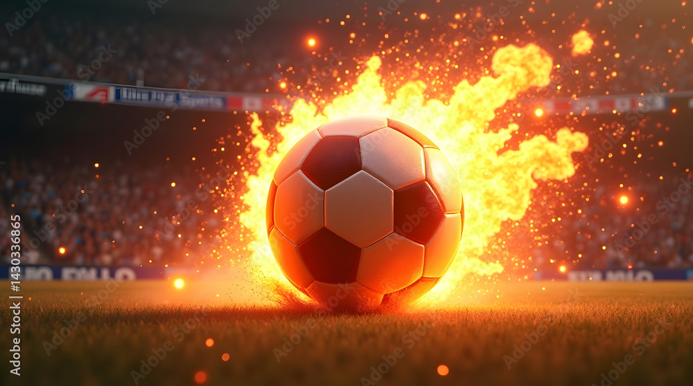 Naklejka premium A fiery soccer ball explodes as it strikes the ground, emanating flames and energy in an electrifying stadium atmosphere.
