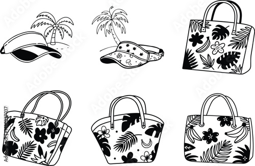 Summer beach accessories black and white doodle vector illustration with bags and visors