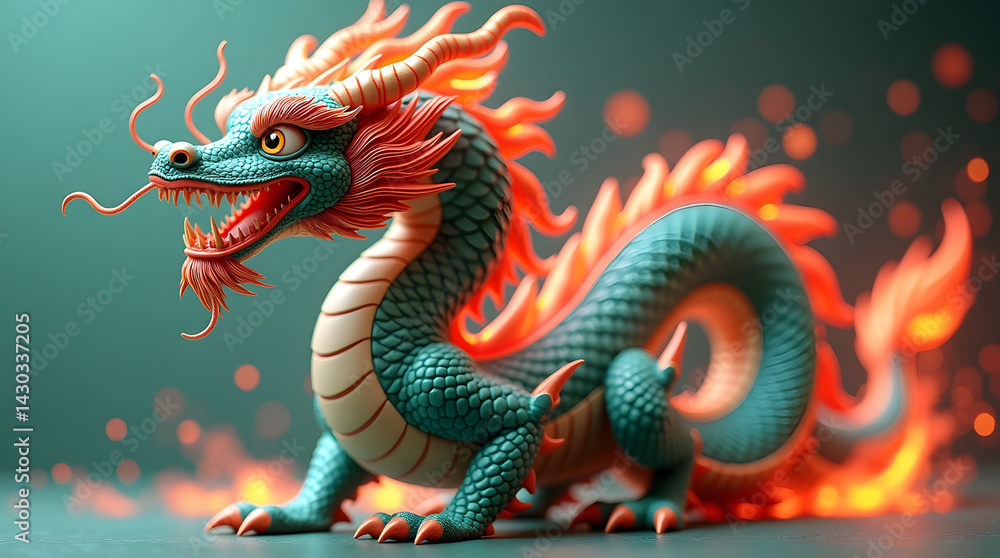 Obraz premium A colorful dragon figurine with vibrant orange and teal scales, emanating fiery energy amidst a mystical background.