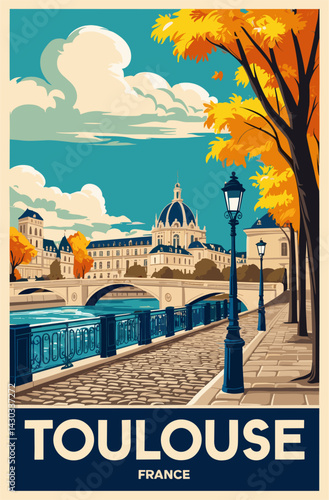 Toulouse, France travel destination poster in retro style. Colorful vector art illustration