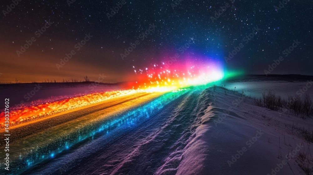 Fototapeta premium Rainbow Road to the Stars: A Nighttime Winter Wonderland
