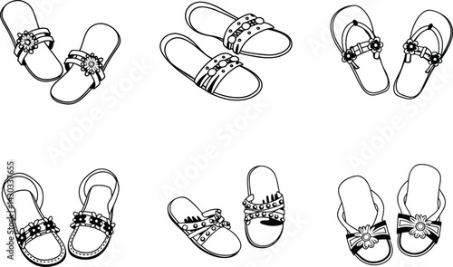 Collection of black and white summer sandals and flip flops footwear vector illustration