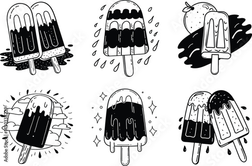 Black and white popsicle illustrations on a white background food theme set