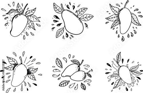 Hand drawn mango fruits illustration with leaves and water drops seamless pattern
