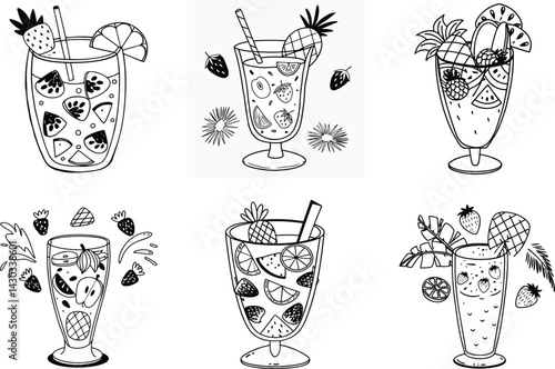 Six sketch drawings of summer fruit cocktails in glasses with straws