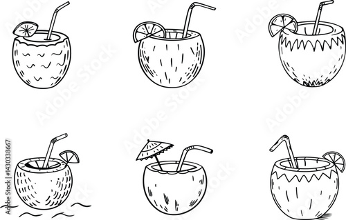 Set of coconut drinks with straw and citrus slices in doodle style