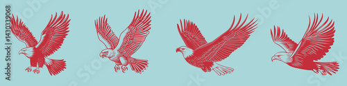 Red eagles in flight illustration, isolated element set vector
