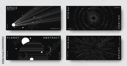 Set of abstract space astronomy horizontal backgrounds. Line art galaxy, meteorites, planet, black hole. Science future concept. Cosmic minimalist design for cover, poster, banner, flyer, brochure