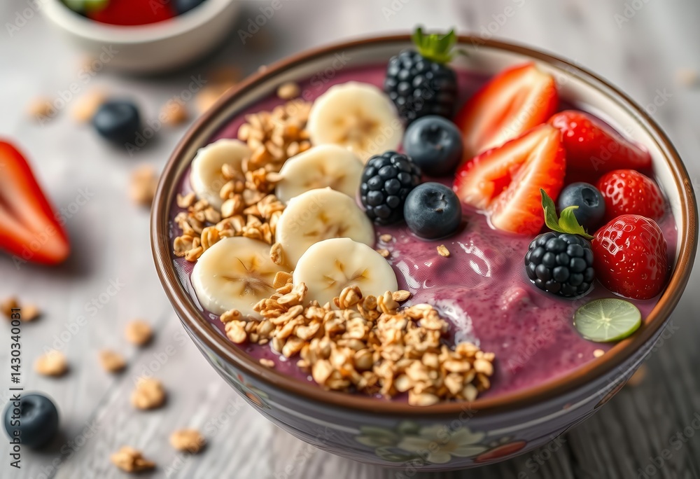 Acai bowl topped with granola, banana slices & mixed berries Healthy breakfast, clean eating, topping Acai bowl topped with granola, banana slices & mixed berries Healthy breakfast, clean eating, topping