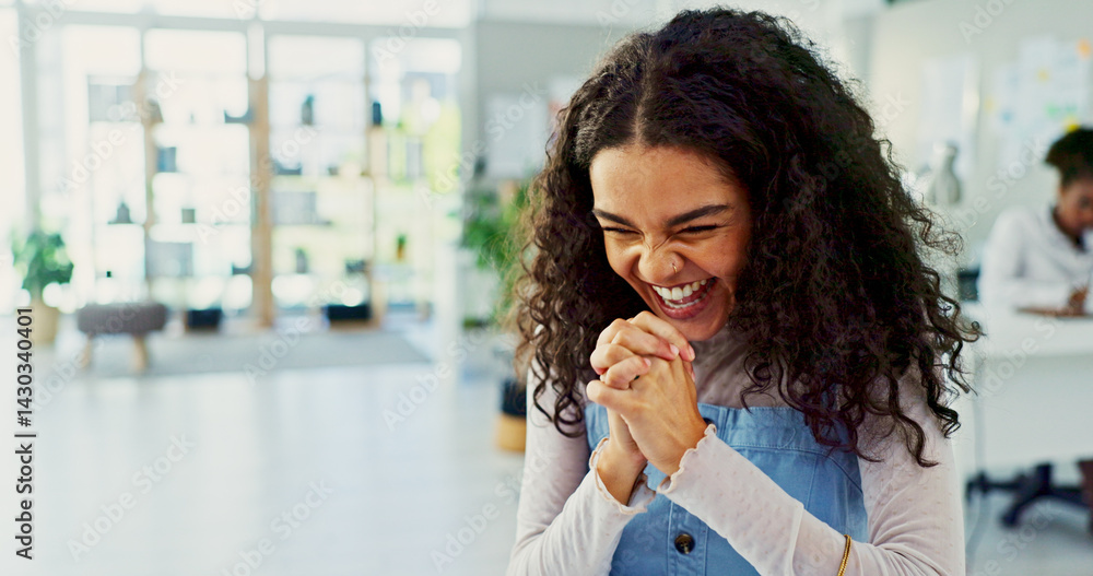 Happy woman, surprise or celebration with good news at office for winning, promotion or offer. Excited, female person or employee with smile in relief for notification, career deal or job opportunity Happy woman, surprise or celebration with good news at office for winning, promotion or offer. Excited, female person or employee with smile in relief for notification, career deal or job opportunity
