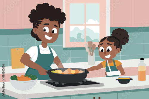Mother and Daughter Cooking Together Vector Illustration