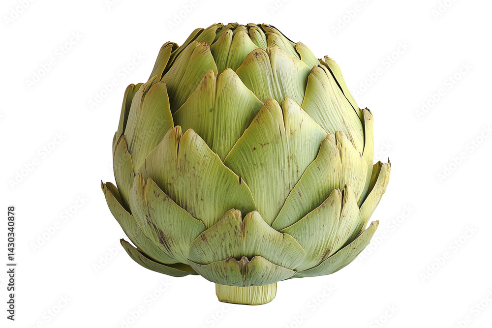 Obraz premium Single fresh green artichoke with detailed texture isolated on white transparent background. Concept of healthy eating, organic food, and vegetarian diet