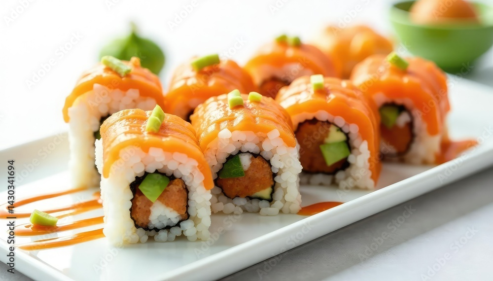 Variety of sushi rolls on white background, soy sauce, wasabi, fresh, cuisine, maki Variety of sushi rolls on white background, soy sauce, wasabi, fresh, cuisine, maki