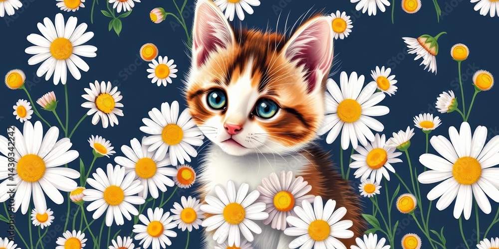 Adorable calico kitten and daisy flowers in a charming seamless vector pattern, perfect for textile and wallpaper, fabric, pet food Adorable calico kitten and daisy flowers in a charming seamless vector pattern, perfect for textile and wallpaper, fabric, pet food