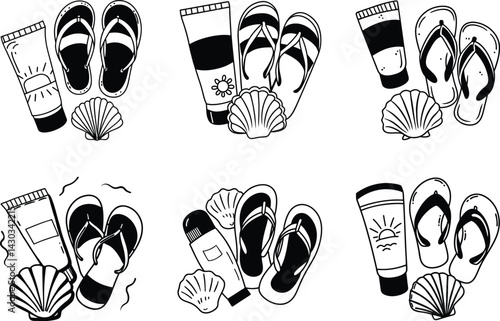 Seamless pattern of summer beach vacation essentials in black and white outline style
