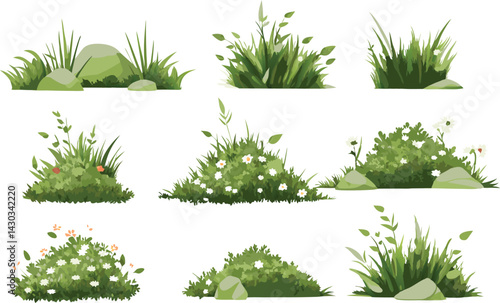 Watercolor illustration of a lush green meadow with mossy rocks, wildflowers, and whimsical foliage in a serene fantasy landscape