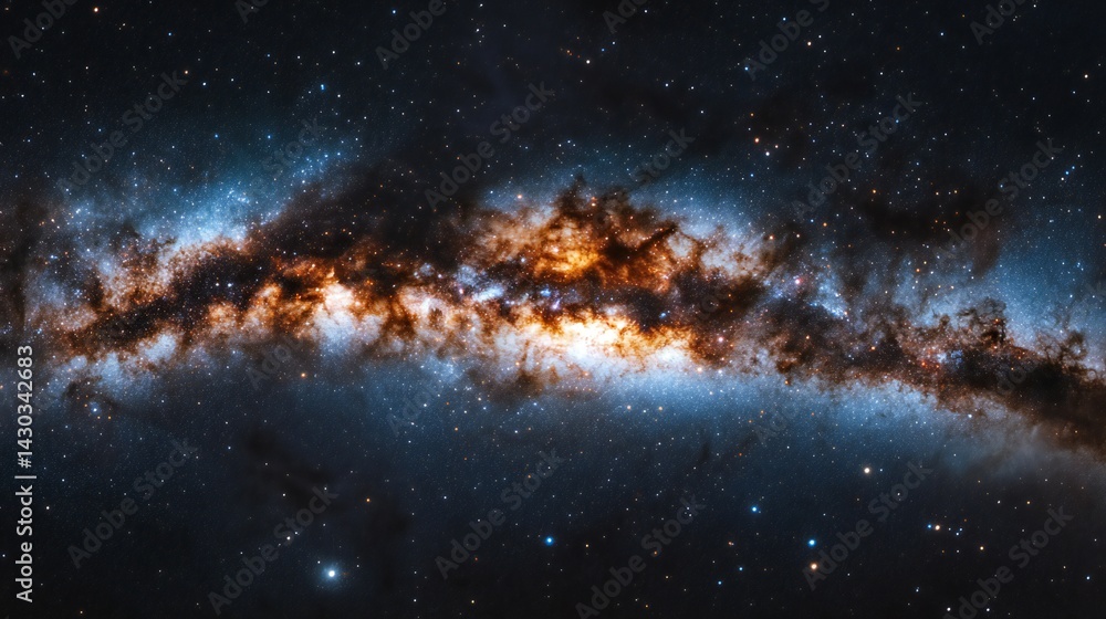 Fototapeta premium Cosmic expanse displays fiery nebulae amidst starlit void.