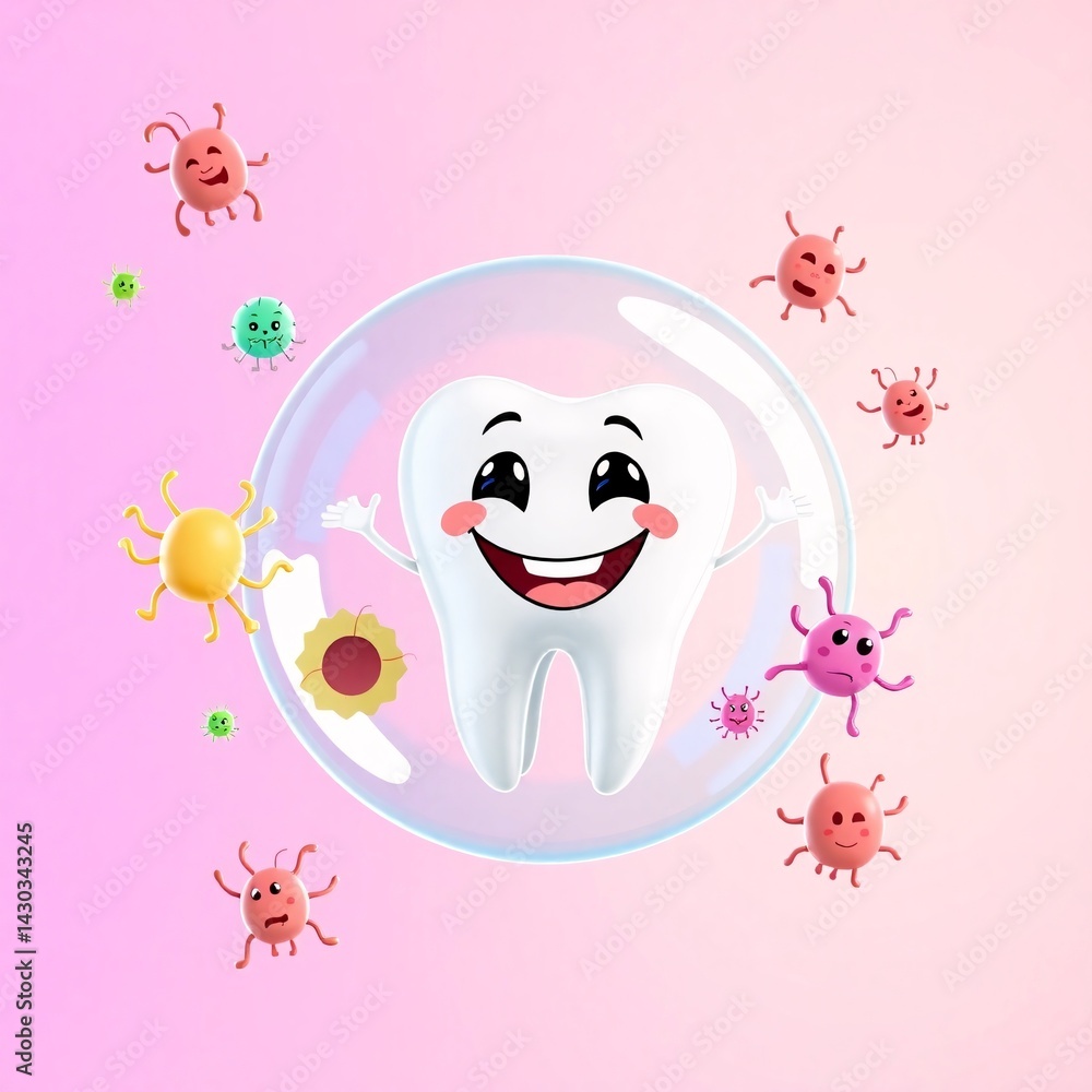 Happy cartoon tooth protected from bacteria by a bubble Happy cartoon tooth protected from bacteria by a bubble