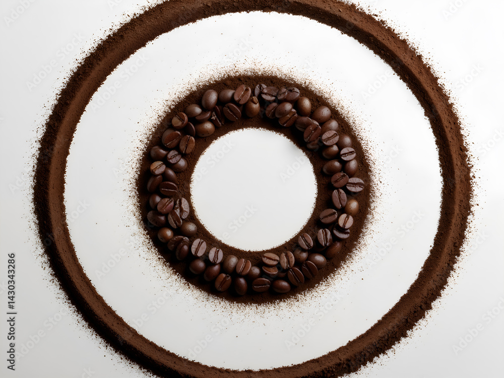 Circular coffee bean ring with powder, isolated on white, perfect for food concepts. Generative AI