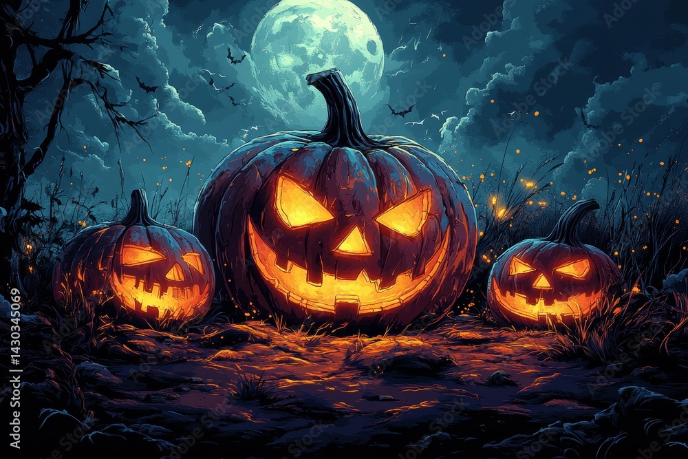 Naklejka premium Jack-o'-lanterns Halloween night field moon