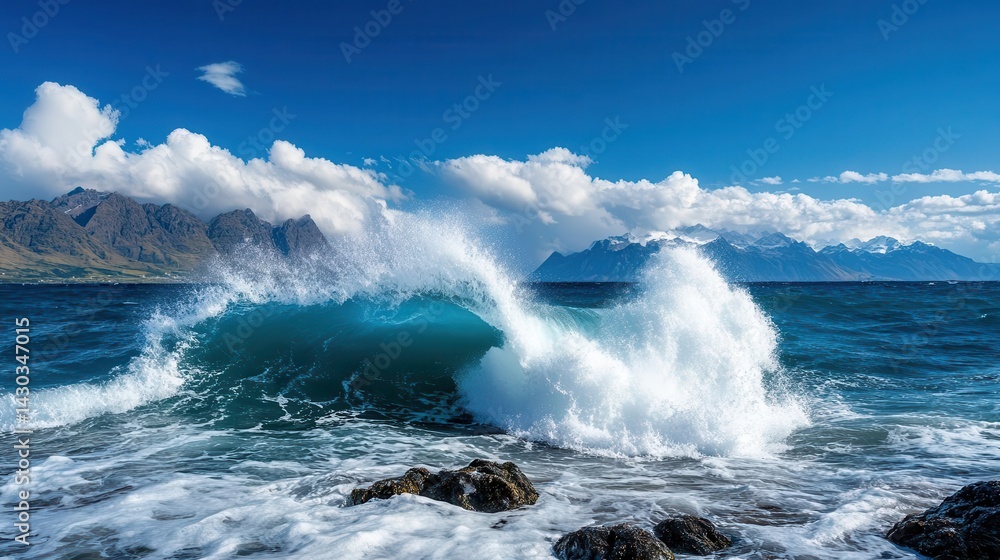 Naklejka premium Large wave crashing on rocks with mountains and blue sky in background