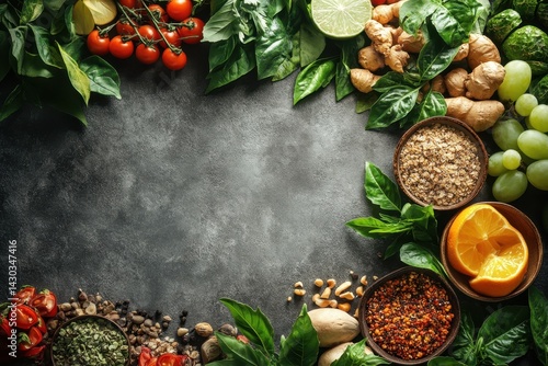 Wallpaper Mural Fresh herbs and spices arranged with fruits and vegetables on a textured surface in natural light Torontodigital.ca