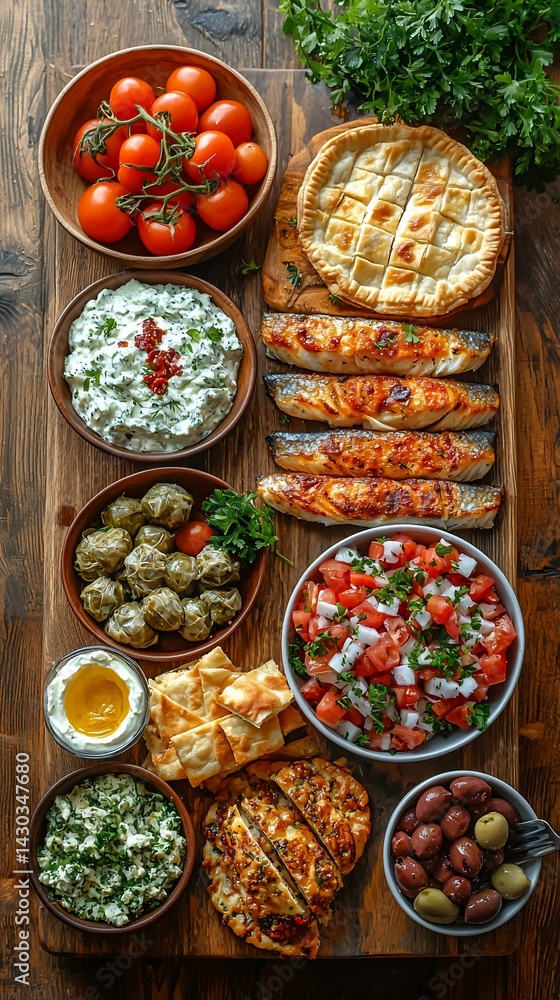 Mediterranean food platter, overhead view, rustic wood background, perfect for restaurant menus Mediterranean food platter, overhead view, rustic wood background, perfect for restaurant menus