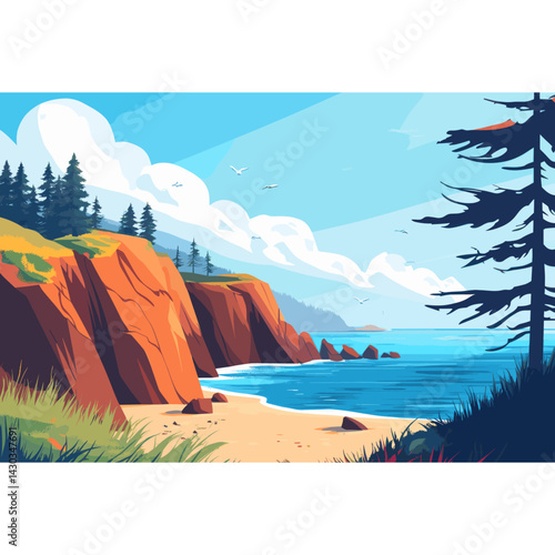 Pine trees coast landscape scenery vector
