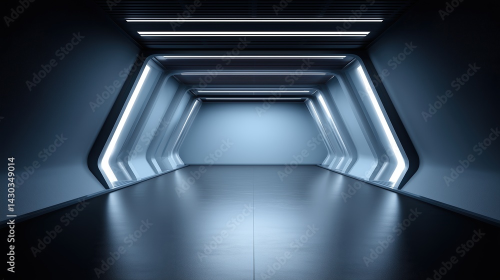 Obraz premium Futuristic corridor with glowing lights. sci-fi architecture concept for technology and entertainment visuals