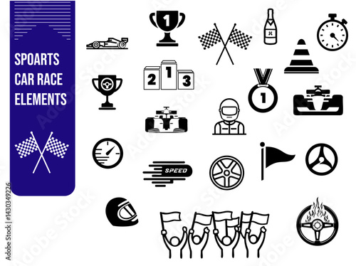 Race Car Icon Set – Sports, Speed, and Racing Elements Collection