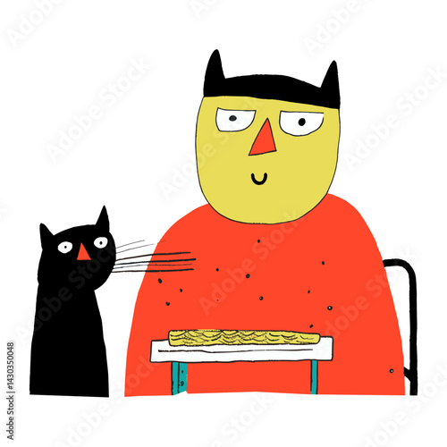 Person feeding a cat whimsical cartoon drawing vector