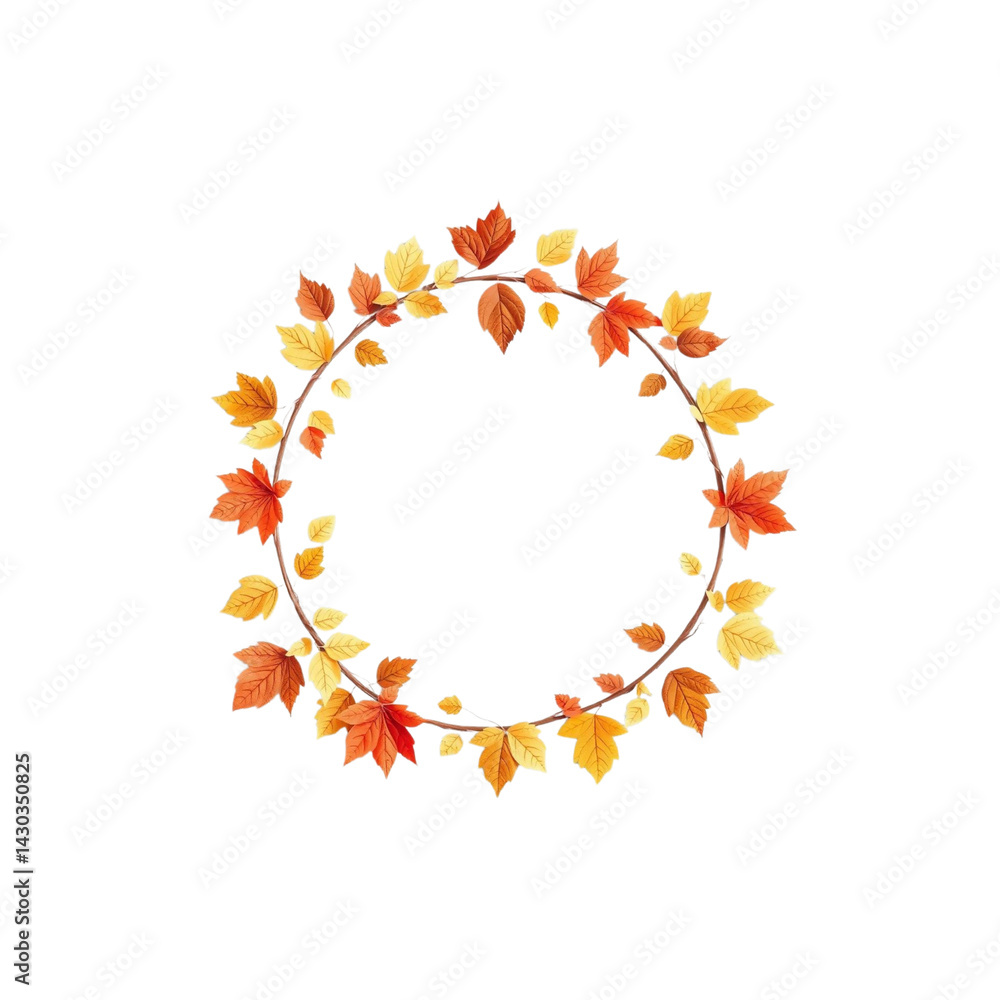 Fototapeta premium circular wreath made of vibrant autumn leaves, featuring shades of orange, yellow, and red, creating festive and seasonal decoration. design is simple yet elegant, perfect for fall themed projects