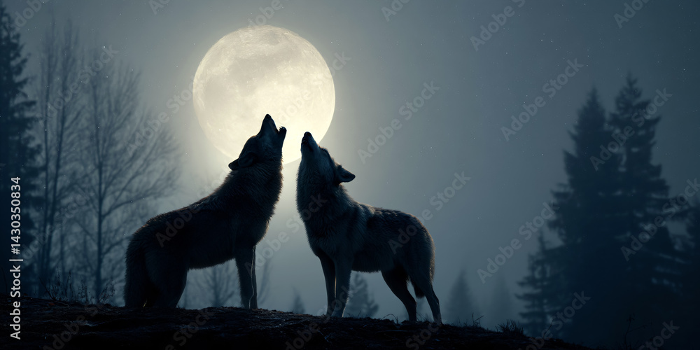 two wolves in the moonlight