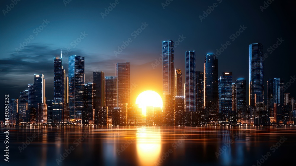 Obraz premium Stunning sunset over a modern skyline reflecting on calm waters.