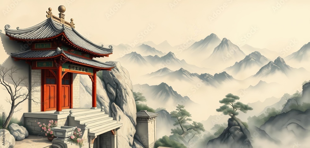 Fototapeta premium Ancient shrine wall, delicate ink wash landscape painting of mountains and mist, oriental, 水墨画