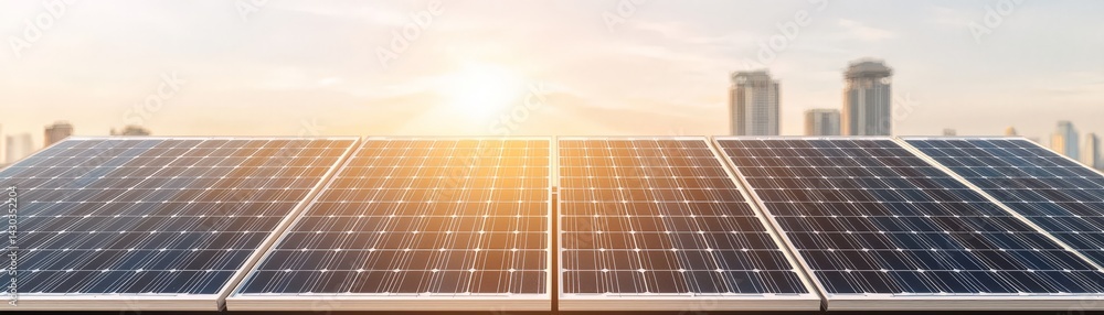Peak Energy Solutions with Advanced Battery Storage Technology, Solar panels in the foreground with a city skyline and sunset in the background.