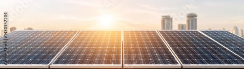 Obraz na płótnie Peak Energy Solutions with Advanced Battery Storage Technology, Solar panels in the foreground with a city skyline and sunset in the background. w salonie